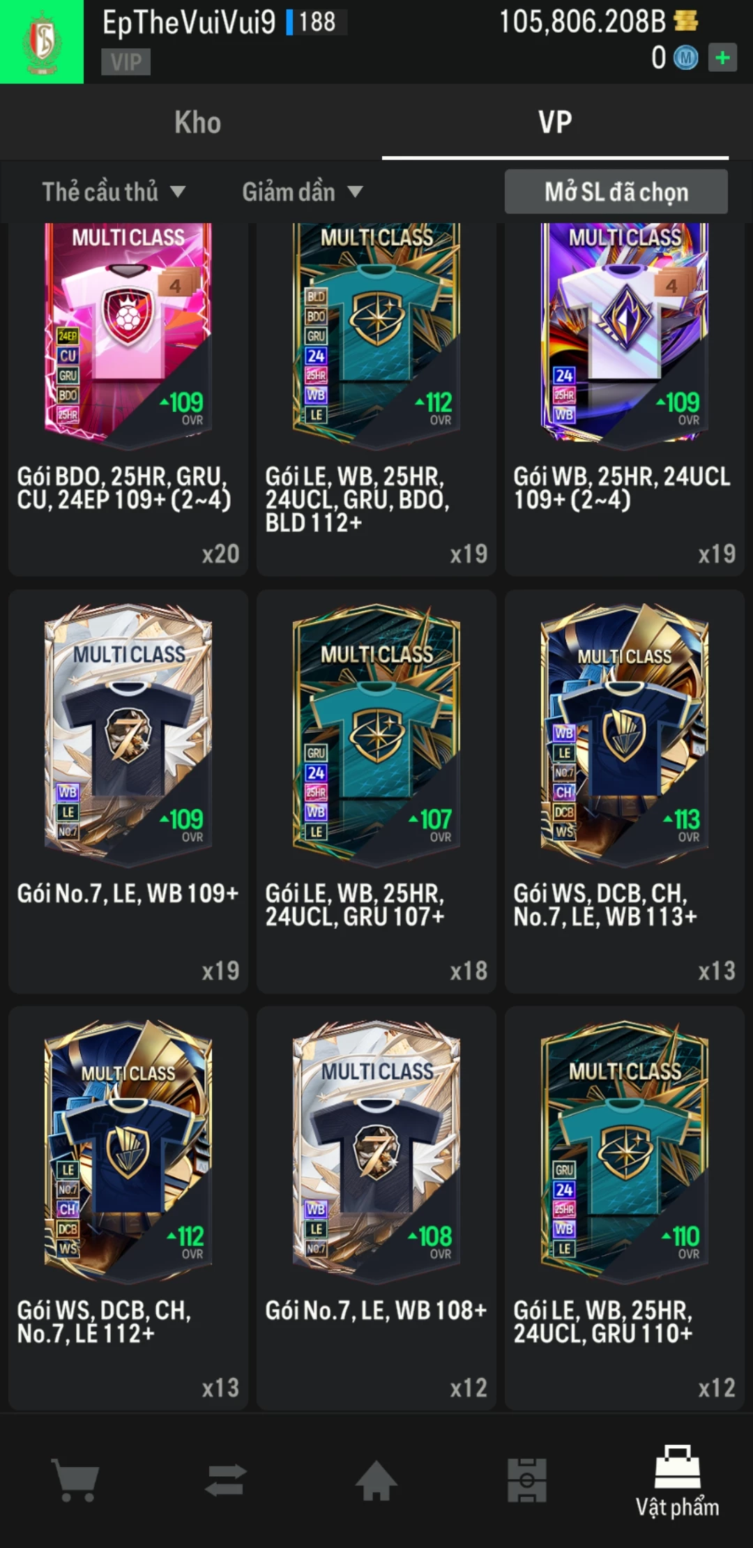 Ảnh ACC mở thẻ (LOẠI SVIP PROMAX) bao gồm có 01 thẻ +12, 03 thẻ PRIME (QH+, CP+, XS+) và hơn 1500+ đến 1600+ thẻ cầu thủ từ Siêu sao đến Miền núi các loại. Acc có sẵn BP trắng từ 90.000 tỷ BP đến 110.000 tỷ BP kèm theo nhiều ngày SVIP